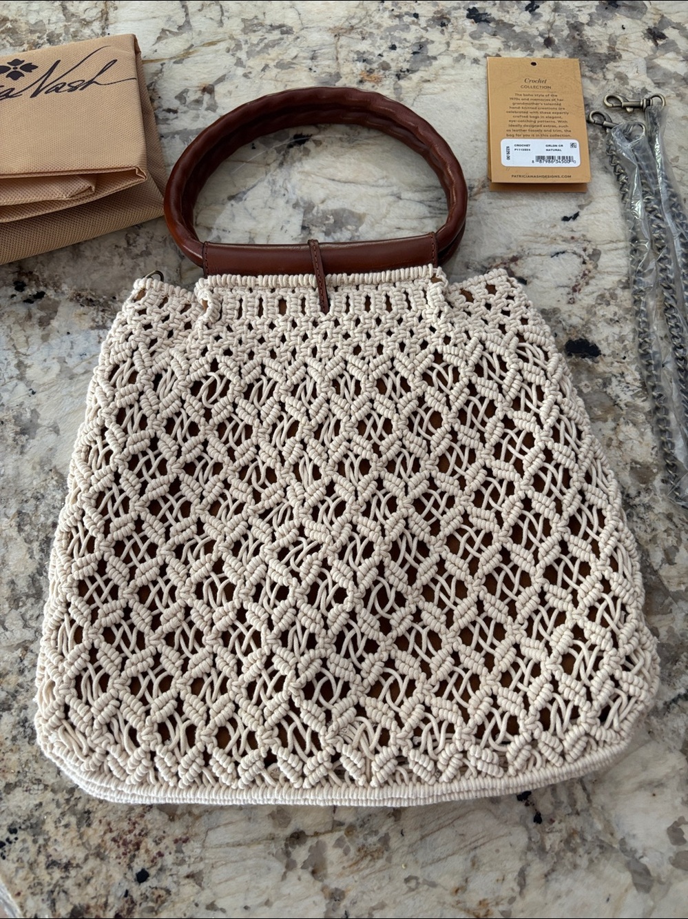 Patricia Nash Geraldine Cream Crochet Shoulder Bag with Brown Leather Handle - Picture 2 of 9